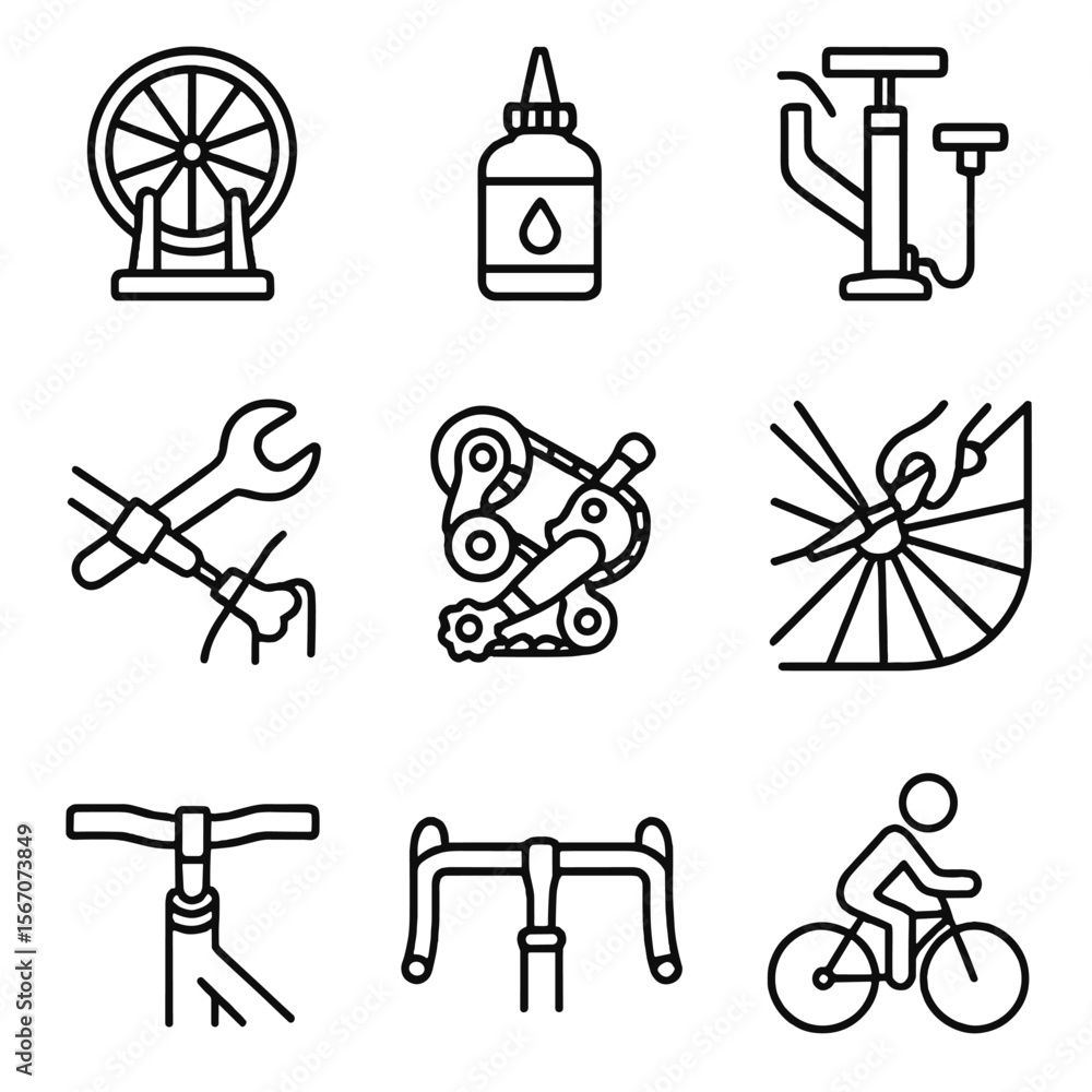 Obraz premium Bicycle Maintenance Icons. Outline icon set of mechanics’ bicycle tasks: wheel truing stand, chain lubrication bottle, tire