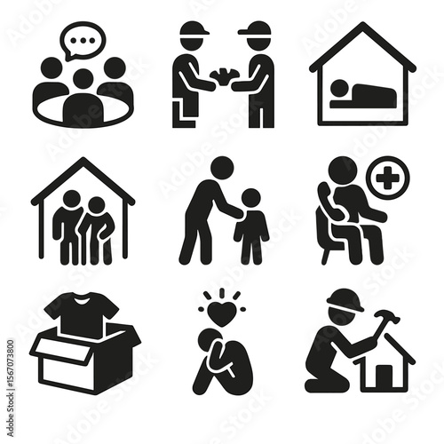 Community Support Icons. Solid, filled icon set of community support: group discussion, food distribution, homeless shelter,