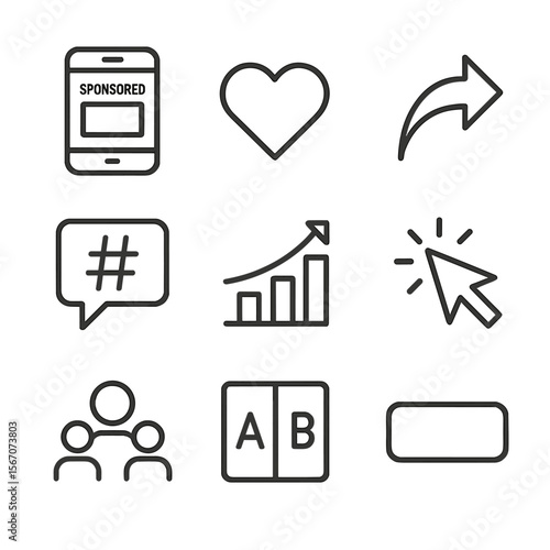 Social Media Icon Set. Outline icon set of social media ad campaigns: smartphone displaying sponsored post, like heart icon, share