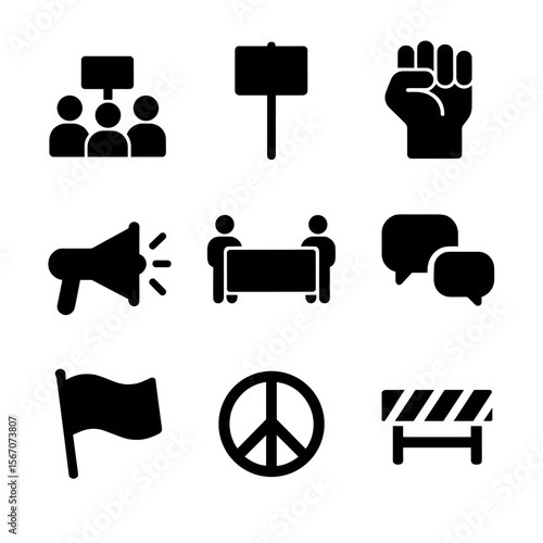 Protest Icon Set. Solid, filled icon set of protest and activism: rally crowd, protest sign, raised fist, megaphone, banner, chant