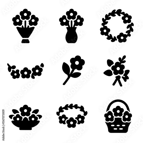 Floral Icon Array. Solid, filled icon set of flower arrangements: bouquet, vase, wreath, garland, boutonniere, corsage,