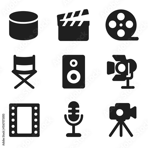 Classic Cinema Icons. Solid, filled icons set of classic cinema equipment: film canister, clapperboard,