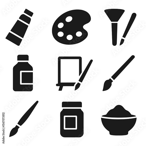 Classical Painting Tools Icons. Solid, filled icons set of classical painting tools: oil paint tube, wooden