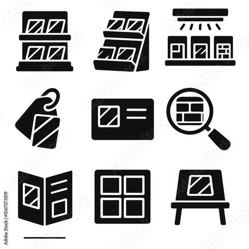Cladding Showroom Icons. Solid, filled icons set of cladding showroom displays: sample shelf, product rack,