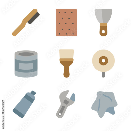 Bicycle Restoration Tools. Flat icon set of bicycle restoration tools: wire brush, sandpaper sheet, paint scraper, primer can,