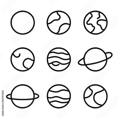 Solar System Icons. Outline icon set of solar system dashboard display: Mercury planet icon, Venus planet icon, Earth planet icon,