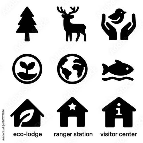 Protected Areas Icons. Solid, filled icon set of protected areas: national park, wildlife reserve, sanctuary, conservation area,