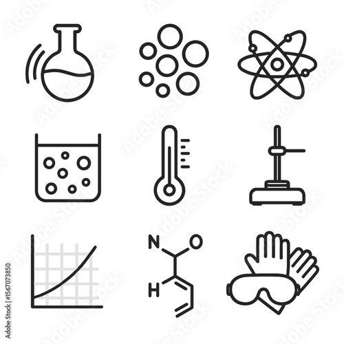 Sonochemistry Icon Set. Outline icon set of sonochemistry reaction processes: reaction flask with sound waves, catalyst particle