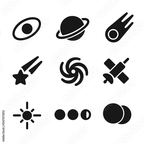 Cosmic Icon Grid. Solid, filled icon set of cosmic and celestial movement: orbit path, rotating planet, comet tail, shooting star,