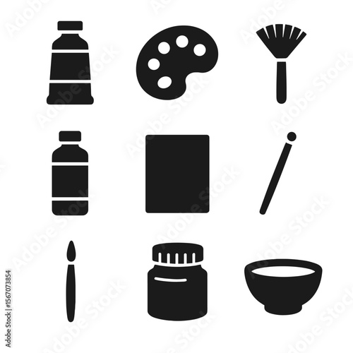 Classical Painting Tools Icons. Solid, filled icons set of classical painting tools: oil paint tube, wooden