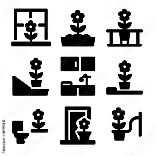 Flower Pot Icons. Solid, filled icon set of flower pot placement: windowsill, garden bed, balcony rail, patio corner, kitchen