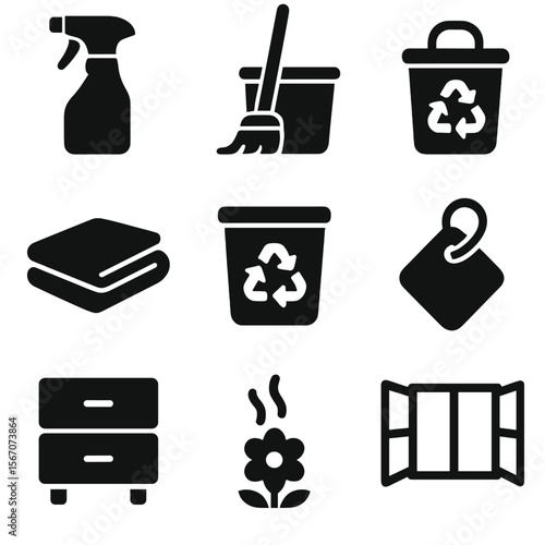Spring Cleaning Icons. Solid, filled icons set of spring cleaning and renewal: spray bottle, checklist icon,