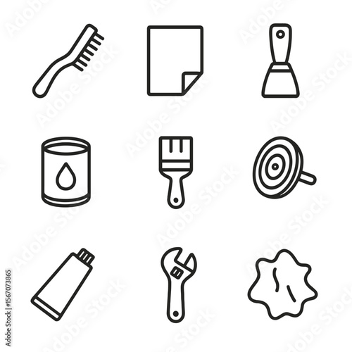 Bicycle Tool Icons. Outline icon set of bicycle restoration tools: wire brush, sandpaper sheet, paint scraper, primer can,