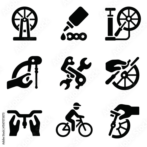 Bicycle Mechanic Icons. Flat icon set of mechanics’ bicycle tasks: wheel truing stand, chain lubrication bottle, tire inflator,
