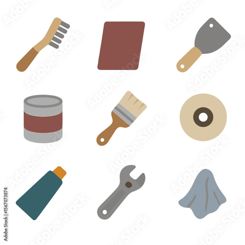 Bicycle Restoration Tools. Flat icon set of bicycle restoration tools: wire brush, sandpaper sheet, paint scraper, primer can,