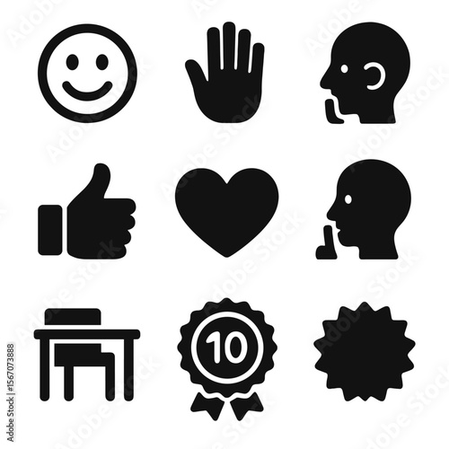 Classroom Behavior Icons. Solid, filled icons set of classroom behavior awards: smiley face, helping hand,