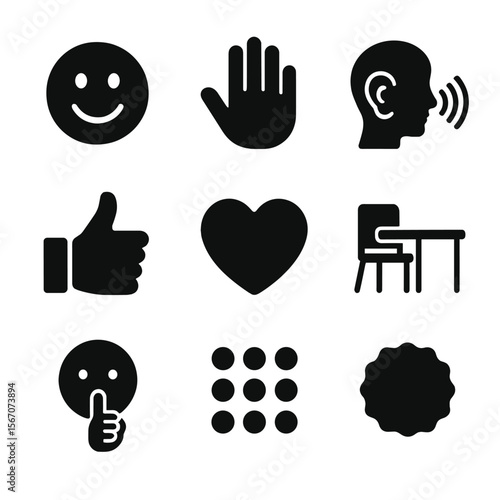 Classroom Behavior Icons. Solid, filled icons set of classroom behavior awards: smiley face, helping hand,