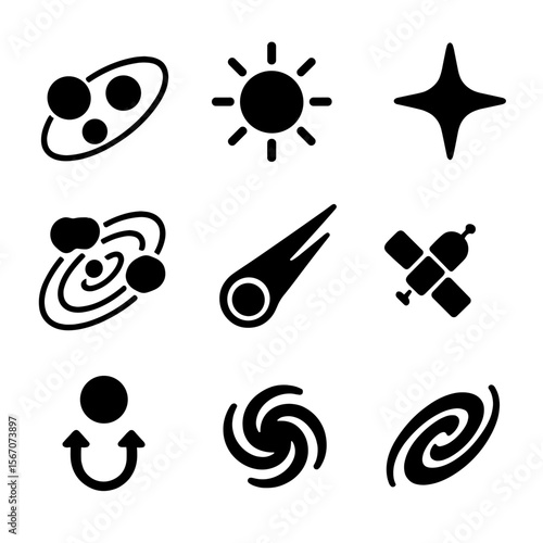 Cosmic Alignment Icons. Solid, filled icon set of cosmic alignment: planets, Sun, orbit, star, asteroid belt, comet, spacecraft,