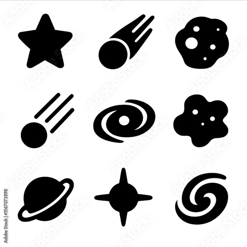 Cosmic Body Icons. Solid, filled icon set of cosmic bodies: star, comet, asteroid, meteor, black hole, dwarf planet, nebula,