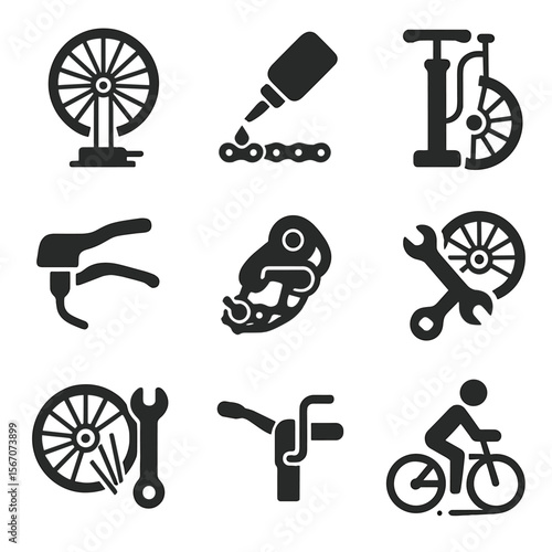 Bicycle Mechanic Icons. Flat icon set of mechanics’ bicycle tasks: wheel truing stand, chain lubrication bottle, tire inflator,