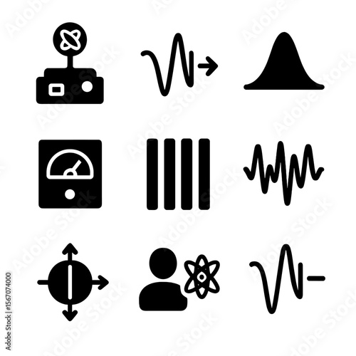 Quantum Measurement Icons. Solid, filled icon set of quantum measurement: measurement apparatus, quantum collapse, probability