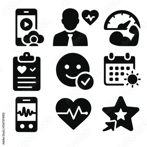 Stress Resilience Icons. Solid, filled icons set of stress resilience training: training app, resilience coach