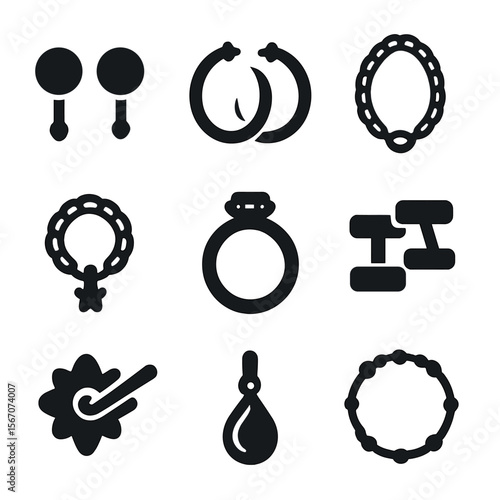 Jewelry Icons Grid. Solid, filled icons set of jewelry types for drawer storage: stud earrings, hoop earrings,