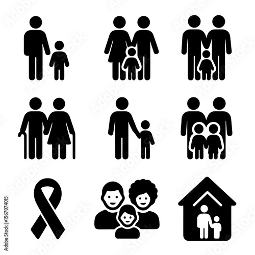 Diverse Family Icons. Solid, filled icon set of diverse family structures: single parent, two moms, two dads, grandparents,