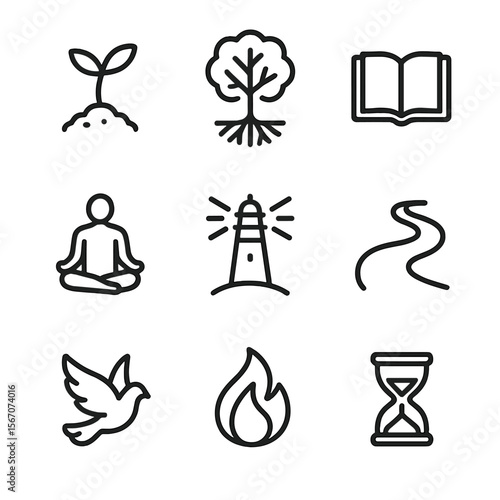 Spiritual Growth Icons. Outline icon set of spiritual growth through hardship: seed sprouting, tree with roots, open Bible,