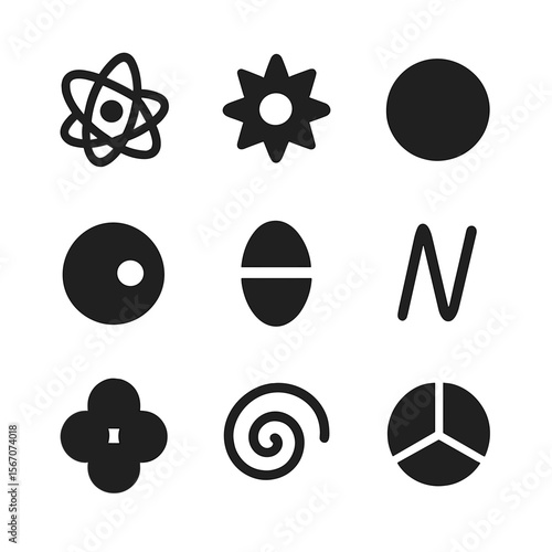 Quantum Particle Icons. Solid, filled icon set of quantum particles: electron, photon, proton, neutron, neutrino, gluon, boson,