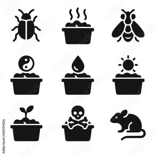 Composting Challenges Icons. Solid, filled icon set of composting challenges: pests, bad odor, flies, imbalance, wetness, dryness,