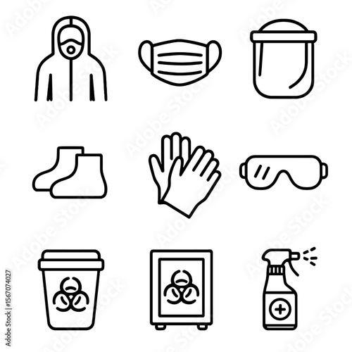 Biohazard PPE Icons. Outline icon set of biohazard PPE: biohazard suit, surgical mask, face shield, shoe covers, gloves, goggles,