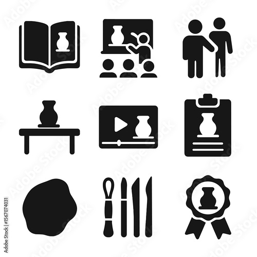 Clay Sculpting Icons. Solid, filled icons set of educational tools for clay sculpting: tutorial book, class