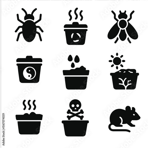 Composting Challenges Icons. Solid, filled icon set of composting challenges: pests, bad odor, flies, imbalance, wetness, dryness,