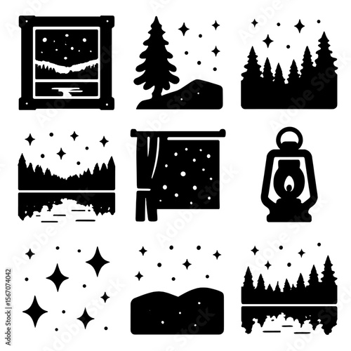 Starry Night Icon Set. Solid, filled icons set of star-filled sky from a cabin window: wooden frame, pine tree