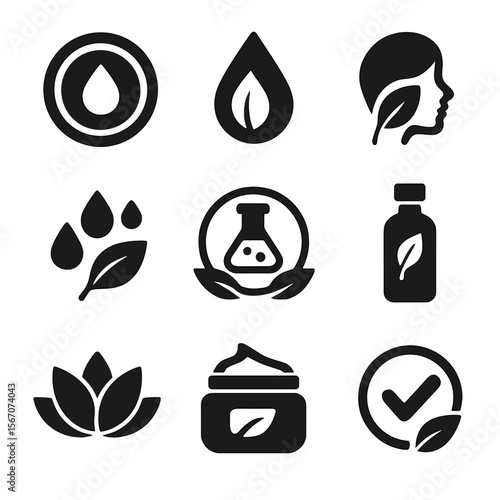 Clean Beauty Icons. Solid, filled icons set of clean beauty and personal care labels: paraben-free badge,