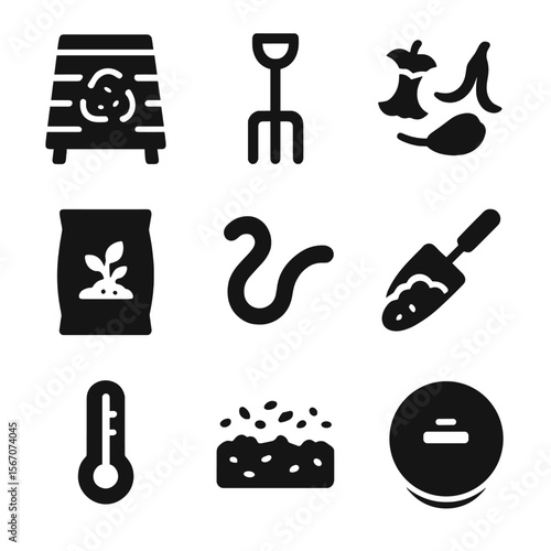 Composting Icon Collection. Solid, filled icon set of composting and soil care: compost bin, garden fork, kitchen scraps, soil bag