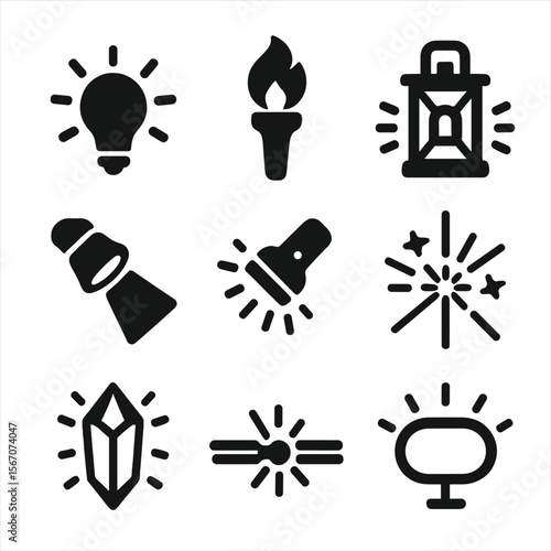 Radiant Icons Grid. Solid, filled icon set of radiant objects: light bulb, torch flame, lantern glow, spotlight beam, flashlight,