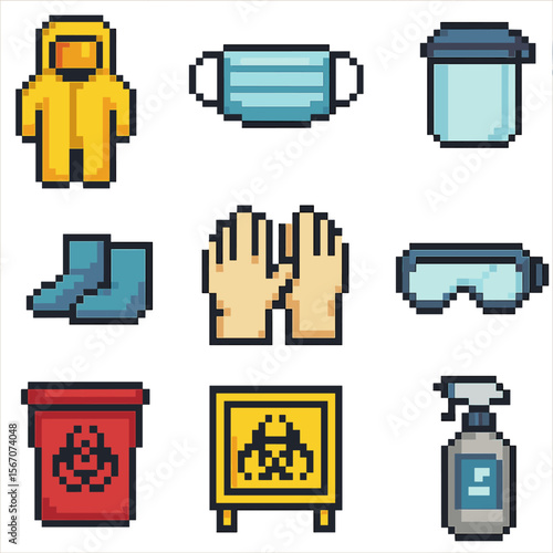 Biohazard PPE Icons. Pixel art icon set of biohazard PPE: biohazard suit, surgical mask, face shield, shoe covers, gloves, goggles