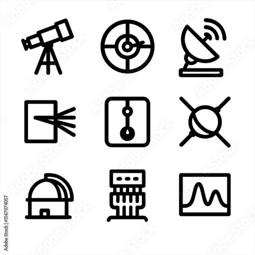 Cosmology Tools Icons. Solid, filled icon set of cosmology tools: telescope, particle accelerator, cosmic background detector,