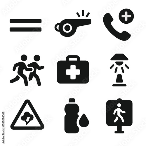 Jogging Safety Icons. Solid, filled icons set of jogging safety and awareness: reflective strip, whistle icon,