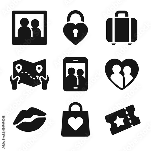 Couple Travel Icons. Solid, filled icon set of couple travel memories: polaroid photo, love lock, travel bag, shared map, selfie