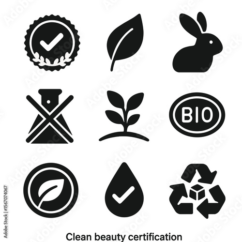 Clean Beauty Icons. Solid, filled icons set of clean beauty certification: eco-certified stamp, vegan leaf,