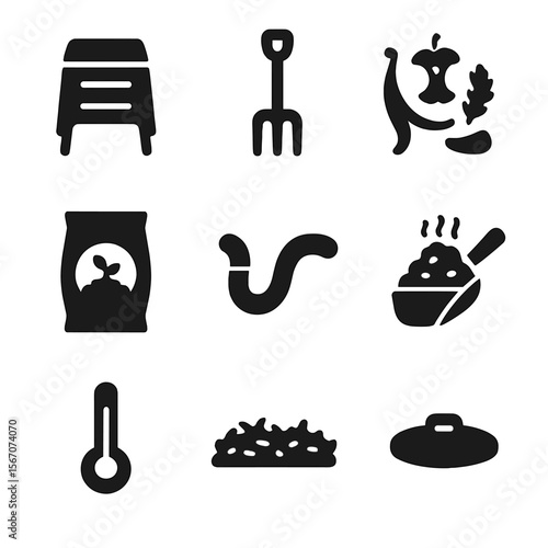 Composting Icon Collection. Solid, filled icon set of composting and soil care: compost bin, garden fork, kitchen scraps, soil bag