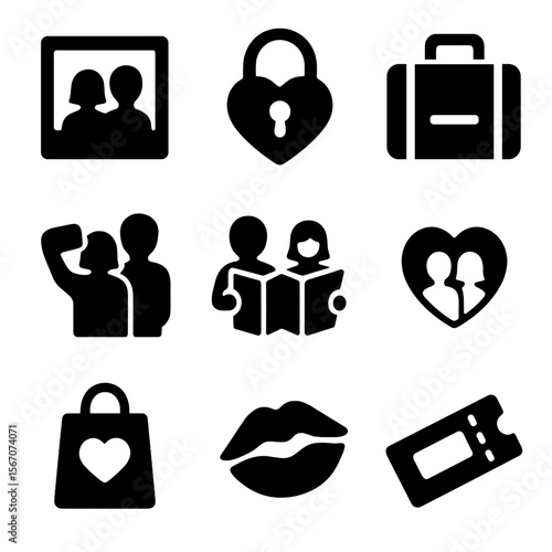 Couple Travel Icons. Solid, filled icon set of couple travel memories: polaroid photo, love lock, travel bag, shared map, selfie