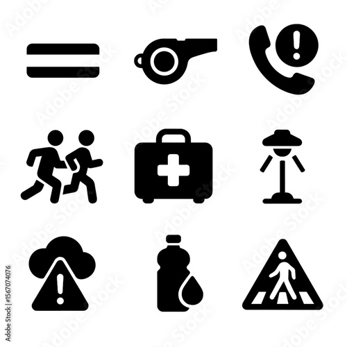 Jogging Safety Icons. Solid, filled icons set of jogging safety and awareness: reflective strip, whistle icon,