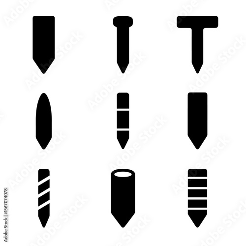Diverse Stakes Icons. Solid, filled icon set of types of stakes by material: wood, metal, plastic, fiberglass, bamboo, concrete,