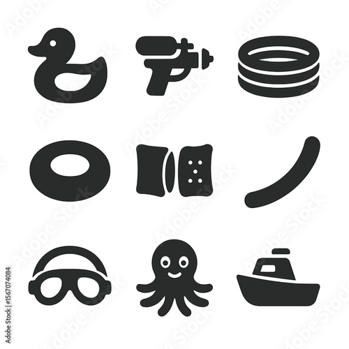 Kid Water Toy Icons. Solid, filled icons set of kid-friendly water toys: inflatable duck, water blaster,