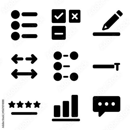 Quiz Icons Grid. Solid, filled icon set of quiz question types: multiple choice, true/false, fill in blank, drag and drop,
