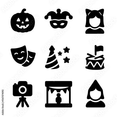 Costume Event Icons. Solid, filled icon set of costume events: Halloween, carnival, cosplay, theater, party, parade, photo shoot,